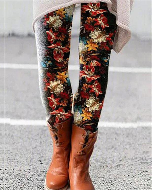 colorful leaves print leggings casual milk fabric pants