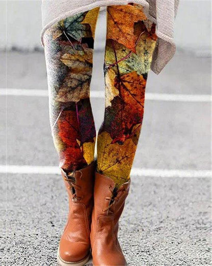 colorful leaves print leggings casual milk fabric pants